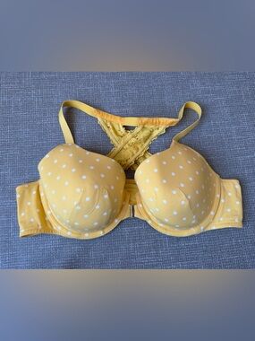 Cacique 44B Lightly Lined T Shirt Bra Yellow Polka Dot Front Close Racerback